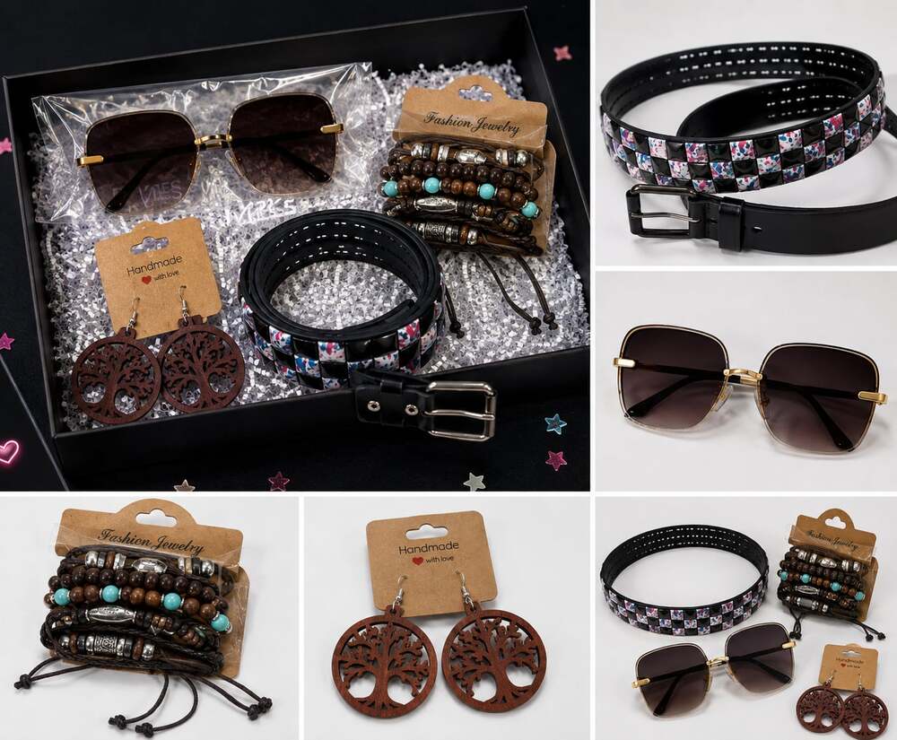 Y2K Paint Splatter Studded Belt Sunglasses Bracelet Earrings Bundle